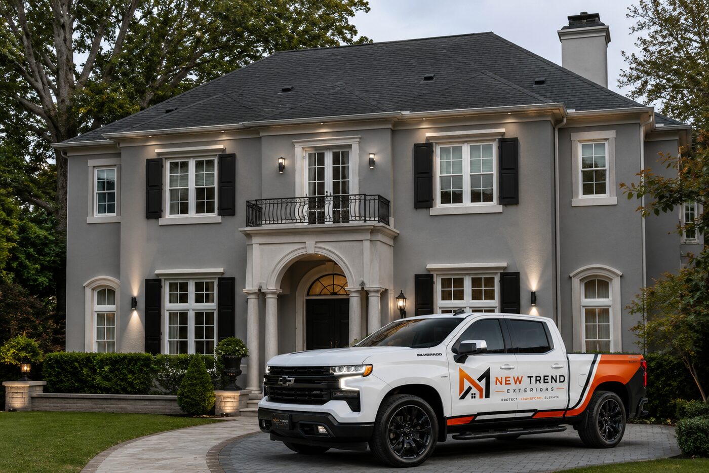 New Trend Exteriors truck parked at a Charleston-area home after exterior work
