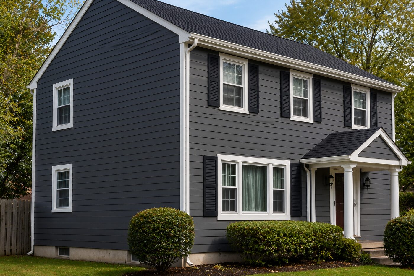 Two-story home with new dark gray fiber cement lap siding and crisp white trim