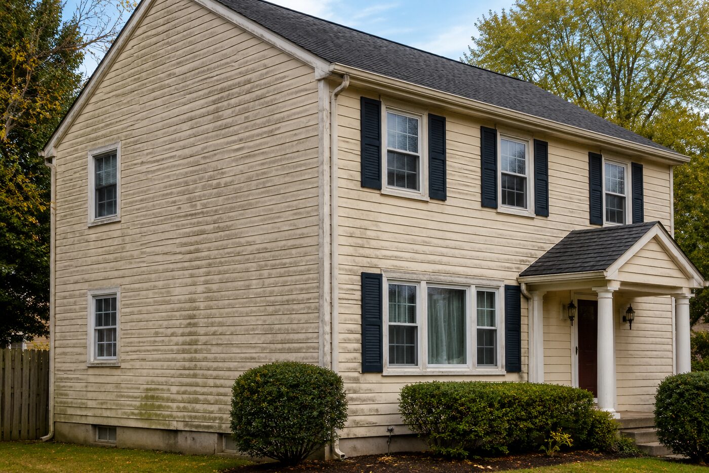 Faded cream lap siding streaked with mildew and moisture staining before replacement