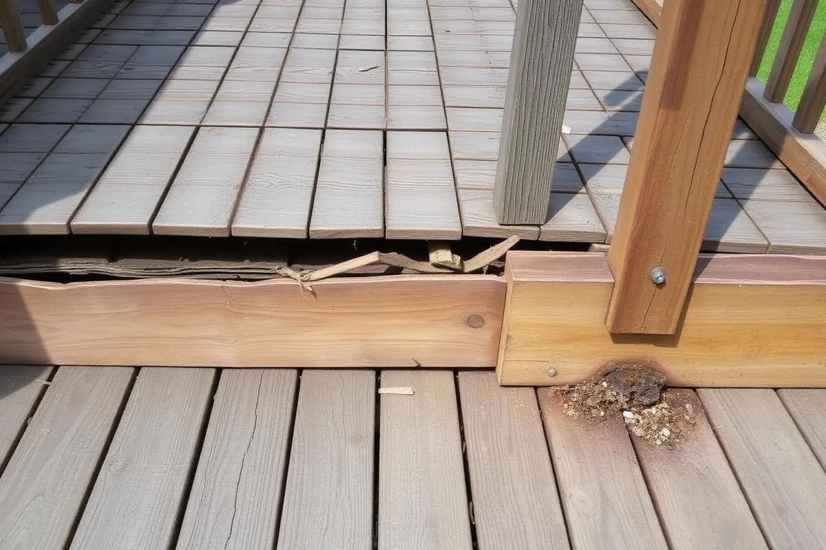 Splintered cupped deck boards with rusted fasteners and a rotted post base