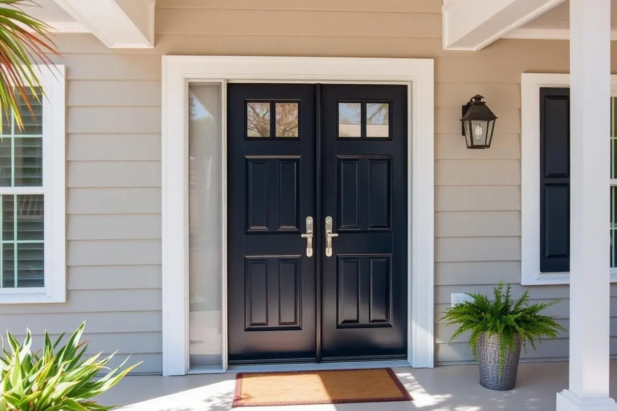 New fiberglass entry door with clean casing and stainless hardware
