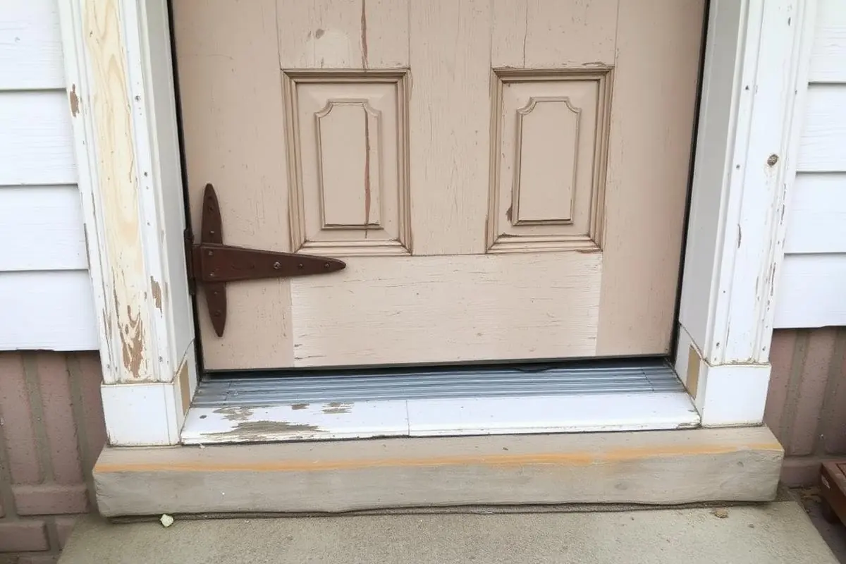 Warped peeling wood entry door with rusted hinges and gapped threshold
