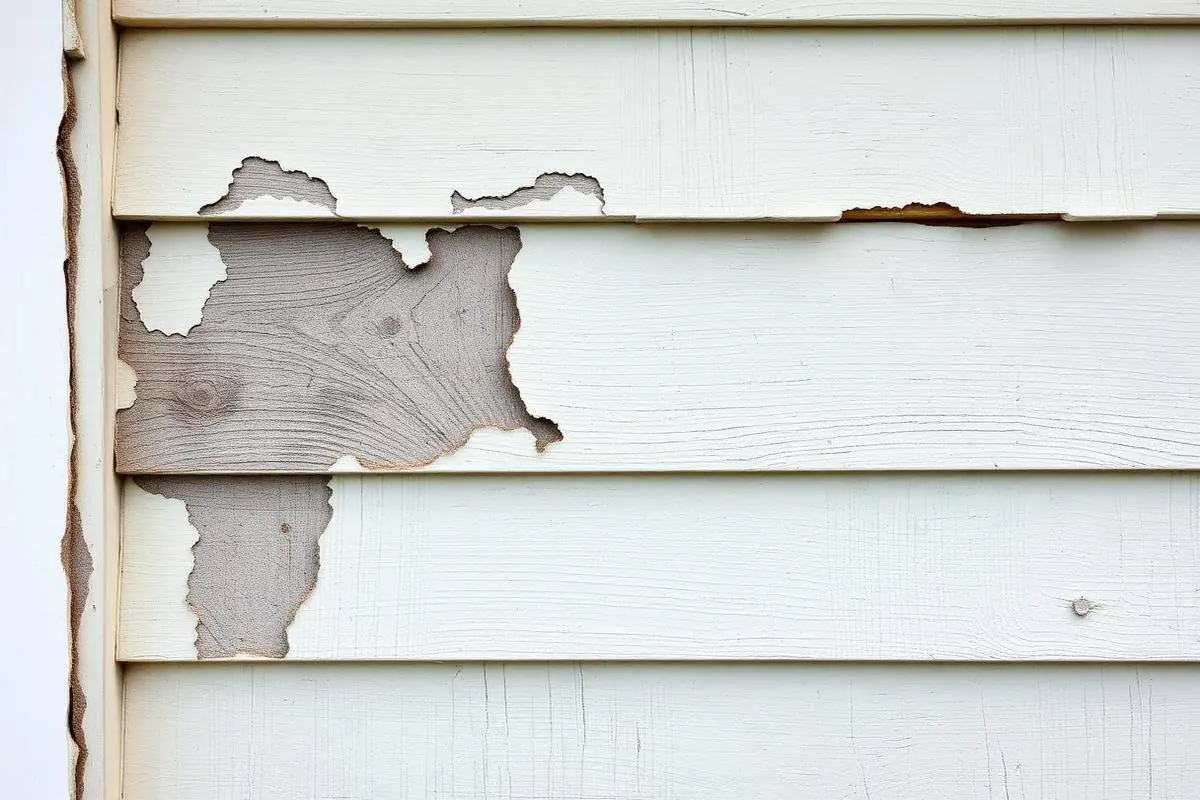 Blistering peeling exterior paint with mildew and bare wood exposed