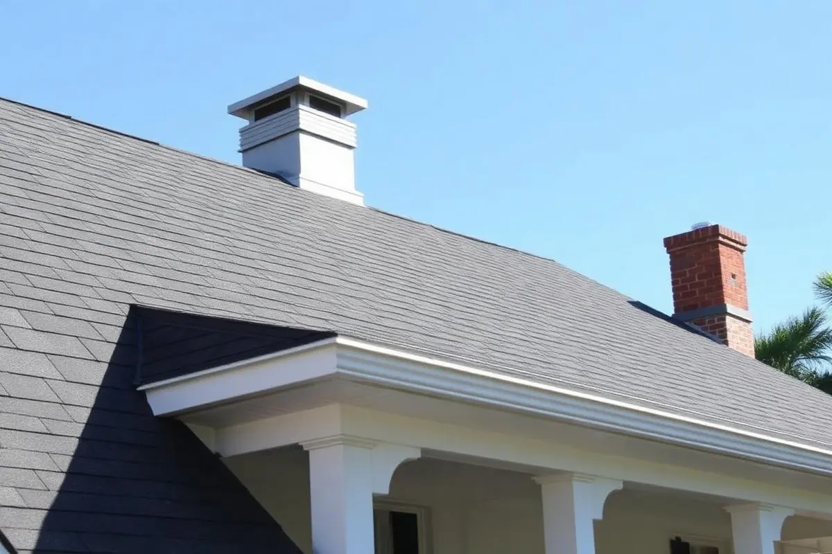 New architectural shingle roof with clean chimney flashing and ridge vent