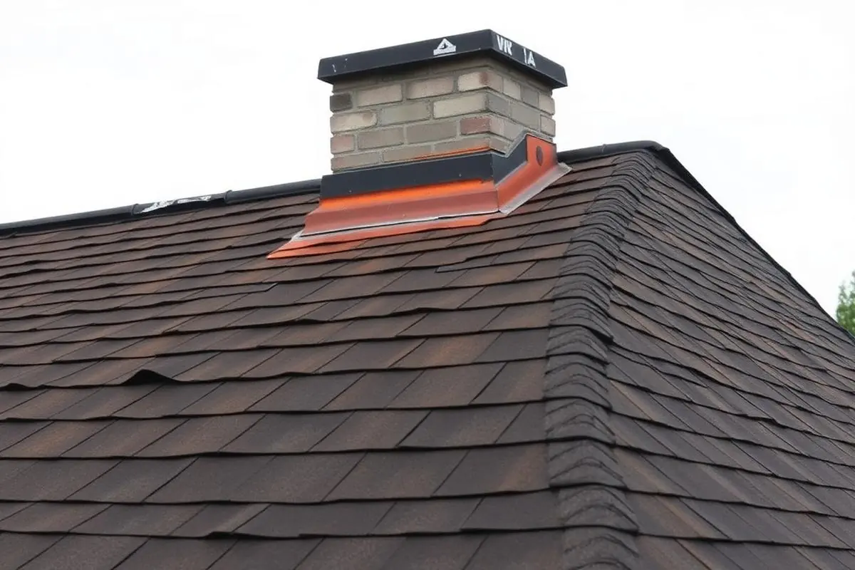 Curling algae-streaked shingles and rusted chimney flashing before roof replacement
