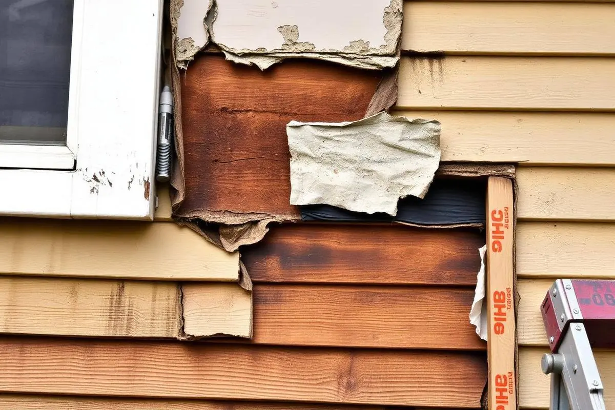 Swollen rotting lap siding and torn house wrap exposed at a window corner