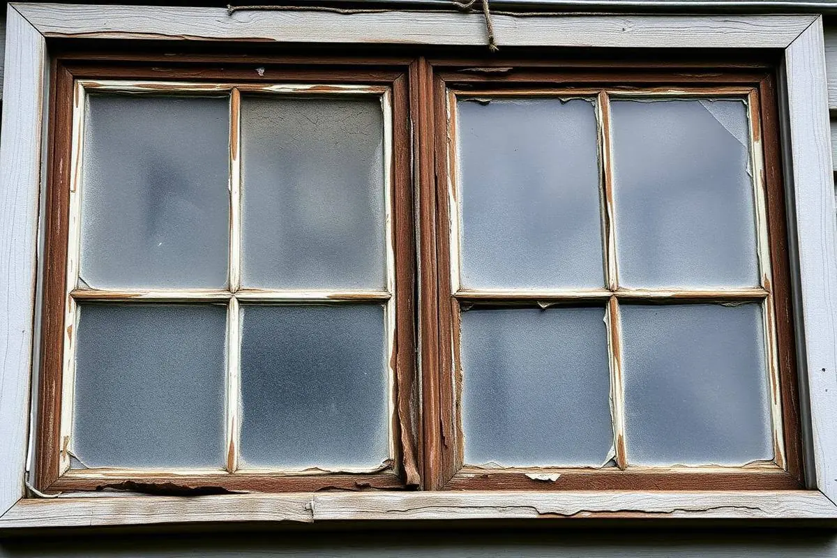 Foggy failed double pane glass in a rotted wood window sash