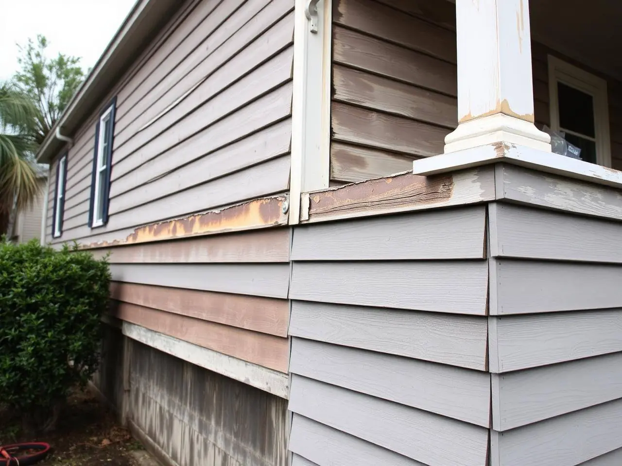 Rotted wood siding and damaged trim near grade on a James Island ranch home