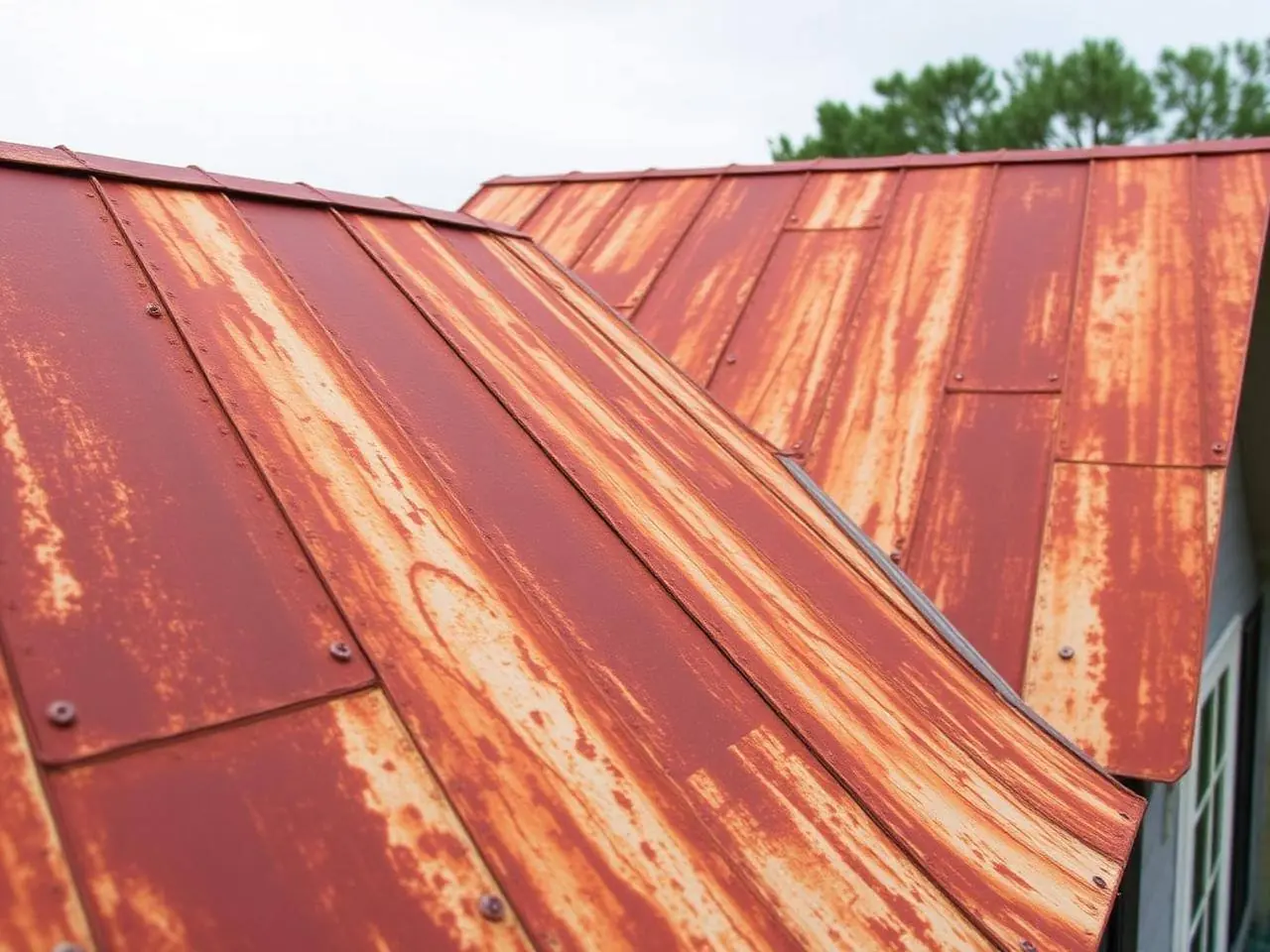 Rusted exposed-fastener metal roof panels with streaking on a marsh-front home