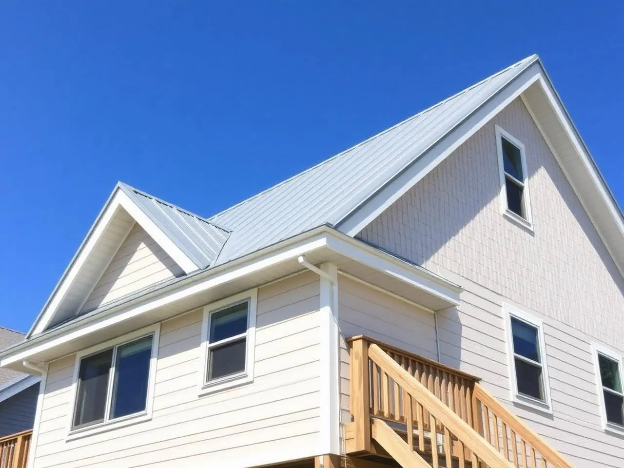 Raised beach house with new light gray aluminum standing seam metal roof