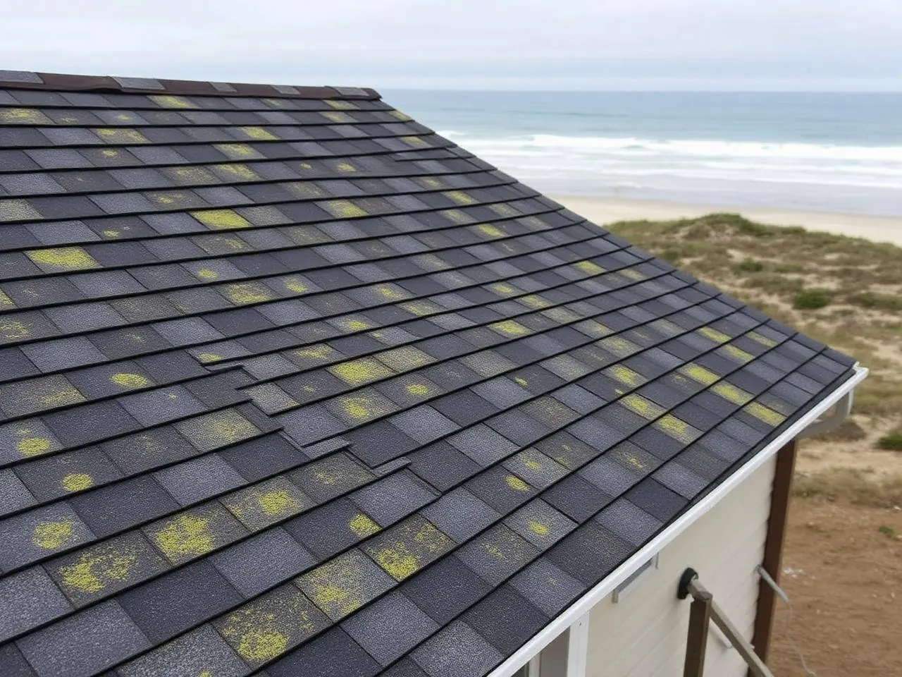 Algae-streaked asphalt shingle roof on an oceanfront raised beach house