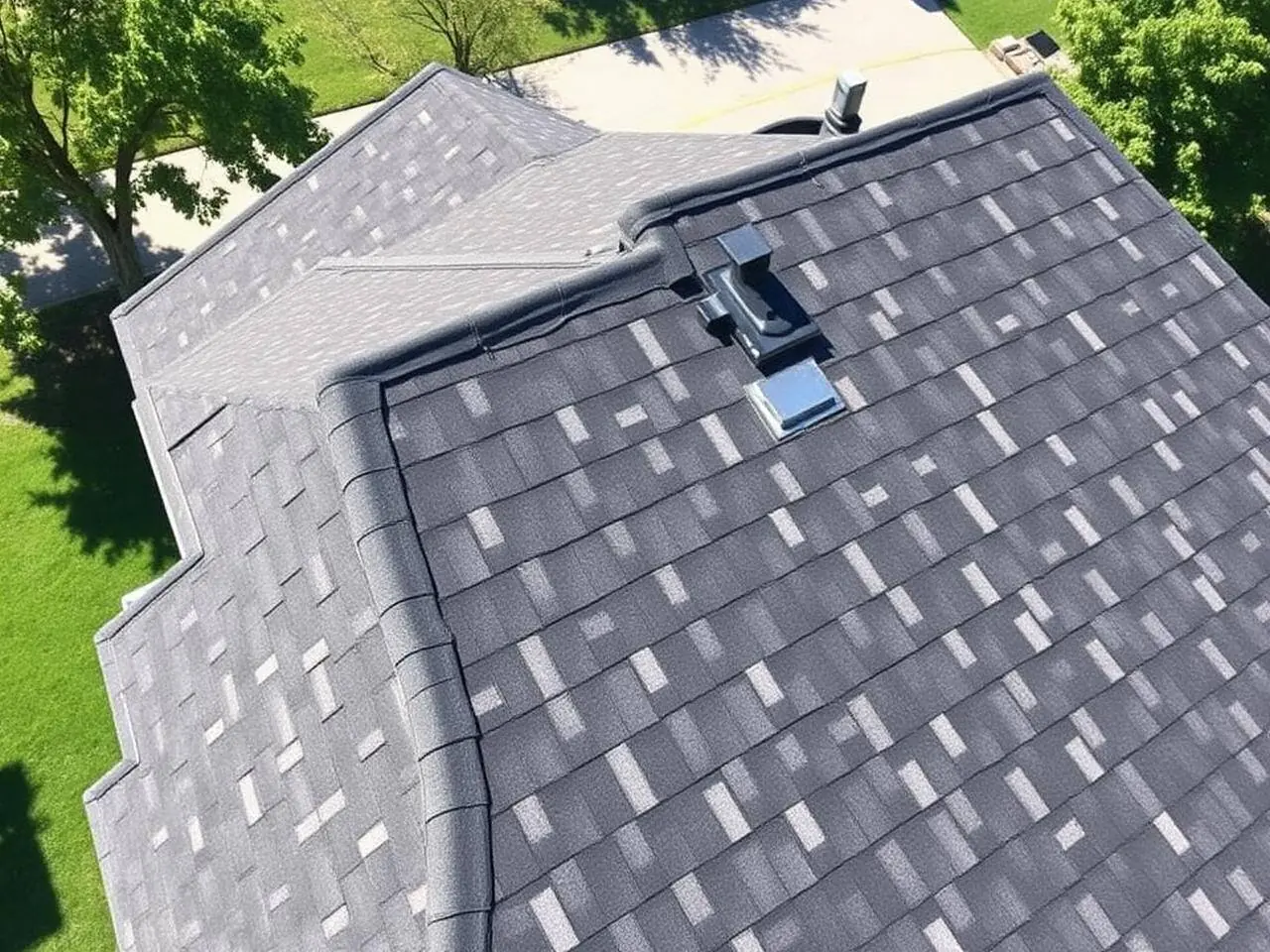 Newly installed architectural shingle roof with clean ridge venting