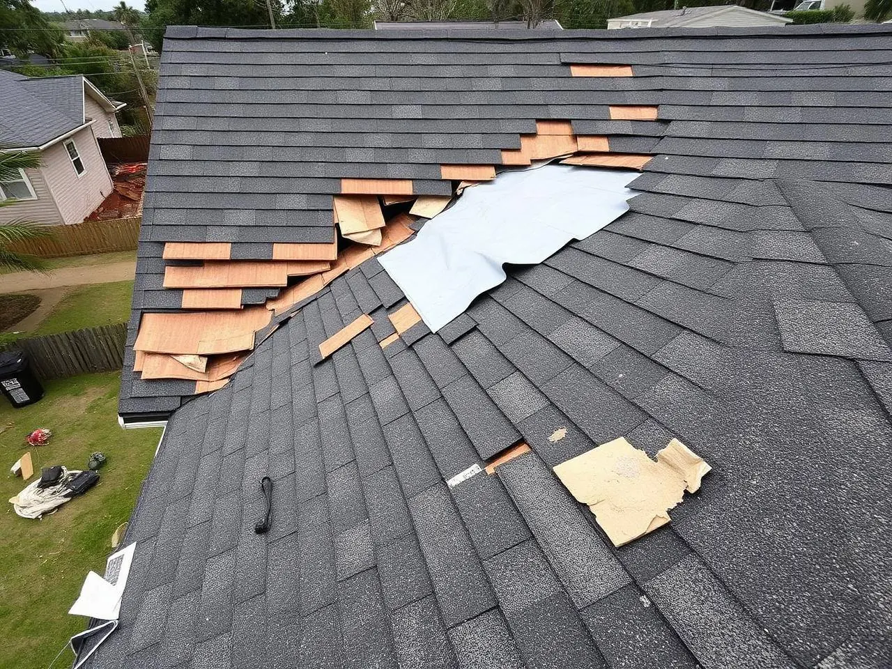 Roof with missing shingles and exposed underlayment after hurricane debris strike