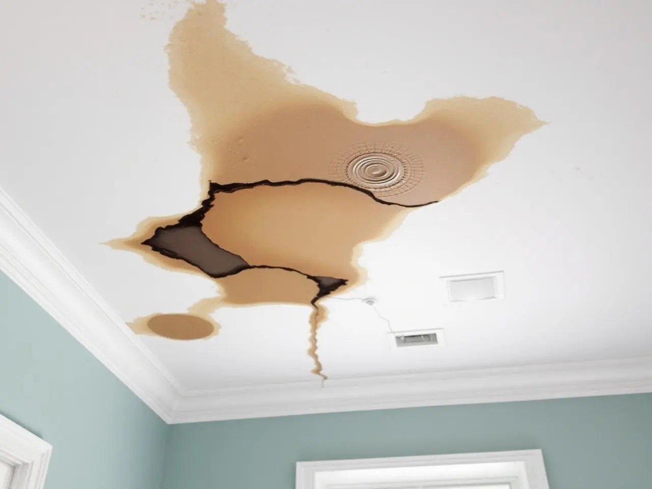 Water-stained interior ceiling with drywall damage from a roof leak
