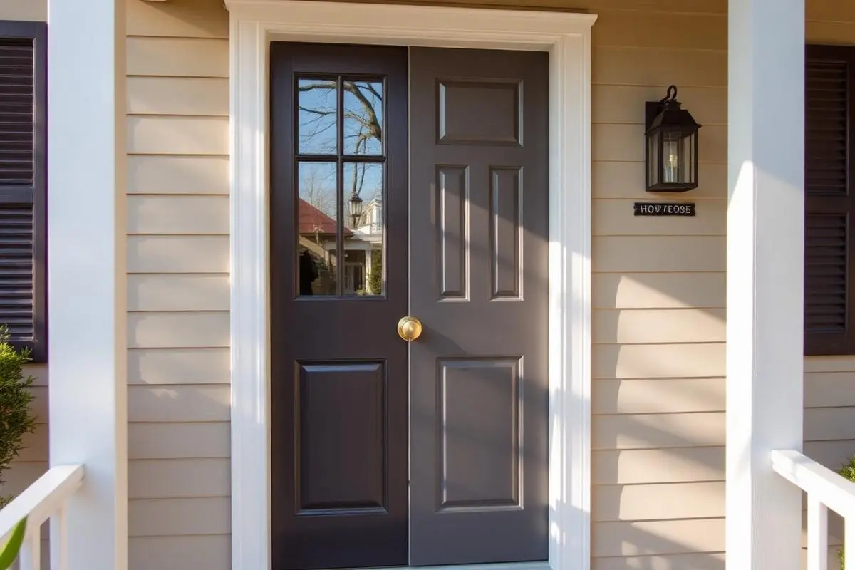New front entry door installed on a Charleston style porch